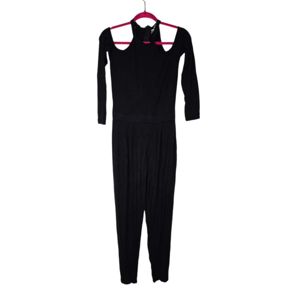 ASOS Size 8 Black Cold-Shoulder Long-Sleeve Stretchy Jumpsuit